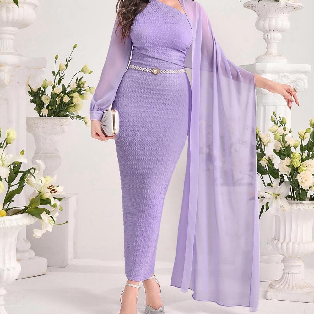 Lilac Purple Modely Solid Asymmetrical Neck Dress